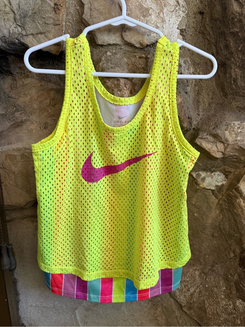 Nike Neon Yellow Mesh Tank with Pink Underlayer Accents for Kids 5T